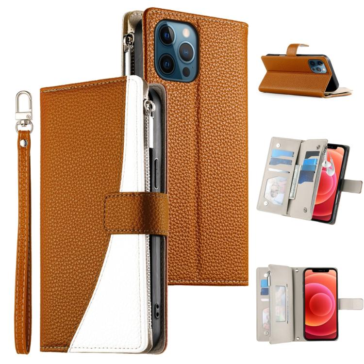 Stitching Multi-card Zipper Wallet Leather Phone Case with Short Strap, For iPhone 13 mini, For iPhone 12 / 12 Pro, For iPhone 12 Pro Max, For iPhone 12 mini