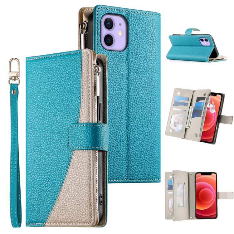 Stitching Multi-card Zipper Wallet Leather Phone Case with Short Strap, For iPhone 13 mini, For iPhone 12 / 12 Pro, For iPhone 12 Pro Max, For iPhone 12 mini