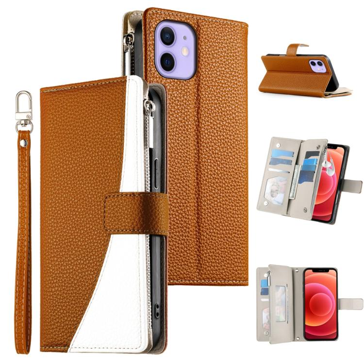 Stitching Multi-card Zipper Wallet Leather Phone Case with Short Strap, For iPhone 13 mini, For iPhone 12 / 12 Pro, For iPhone 12 Pro Max, For iPhone 12 mini
