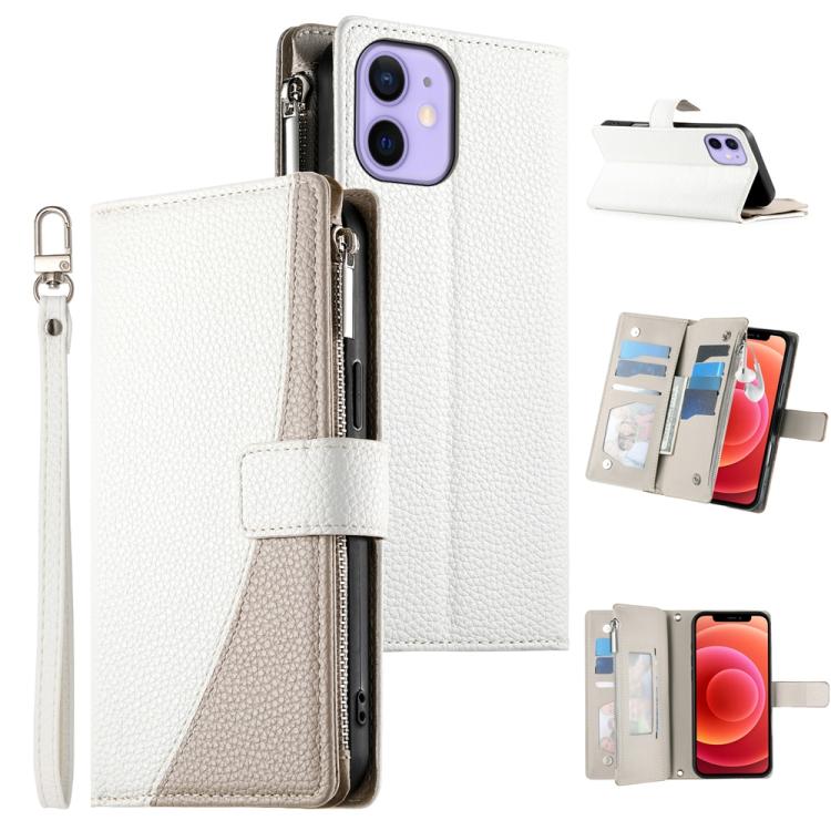 Stitching Multi-card Zipper Wallet Leather Phone Case with Short Strap, For iPhone 13 mini, For iPhone 12 / 12 Pro, For iPhone 12 Pro Max, For iPhone 12 mini