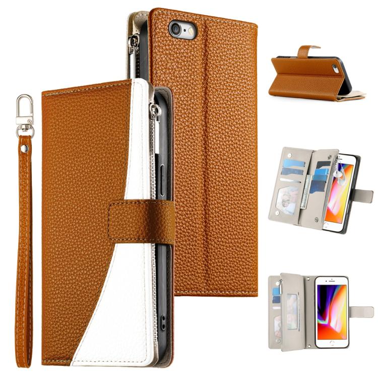 Stitching Multi-card Zipper Wallet Leather Phone Case with Short Strap, For iPhone 14 Pro Max, For iPhone SE 2022 / SE 2020 / 8 / 7, For iPhone 13 Pro Max, For iPhone 13 Pro