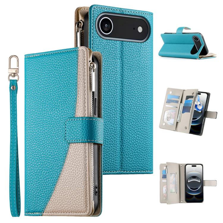 Stitching Multi-card Zipper Wallet Leather Phone Case with Short Strap, For iPhone 16e, For iPhone 16 Pro Max, For iPhone 16 Pro, For iPhone 16 Plus
