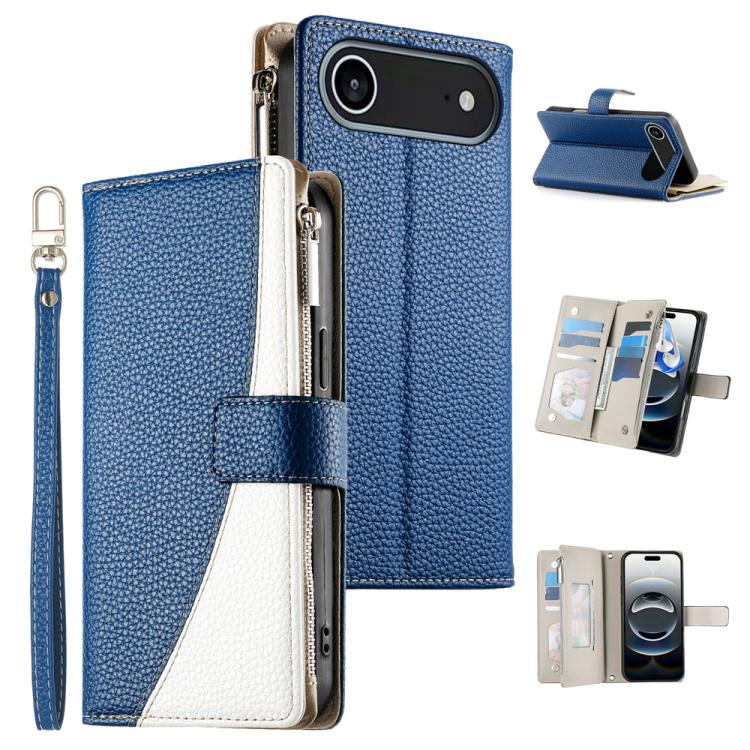 Stitching Multi-card Zipper Wallet Leather Phone Case with Short Strap, For iPhone 16e, For iPhone 16 Pro Max, For iPhone 16 Pro, For iPhone 16 Plus