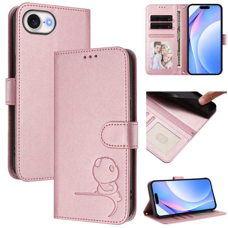 Litter Panda Embossing RFID Leather Phone Case with Lanyard, For iPhone 16e, For iPhone 16 Pro Max, For iPhone 16 Pro, For iPhone 16 Plus