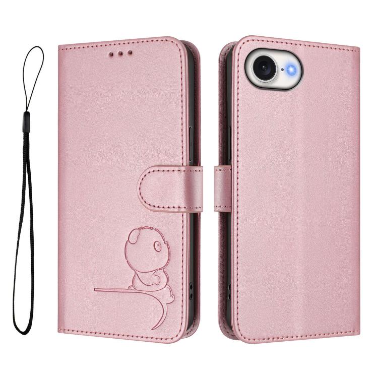 Litter Panda Embossing RFID Leather Phone Case with Lanyard, For iPhone 16e, For iPhone 16 Pro Max, For iPhone 16 Pro, For iPhone 16 Plus