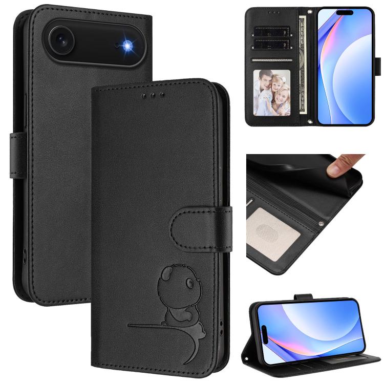 Litter Panda Embossing RFID Leather Phone Case with Lanyard, For iPhone 16e, For iPhone 16 Pro Max, For iPhone 16 Pro, For iPhone 16 Plus