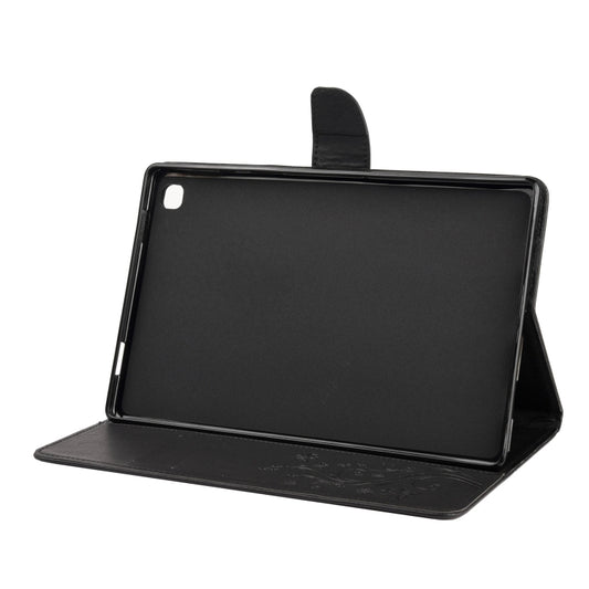 Embossed floral butterfly pattern across full leather surface of Tab S8 case