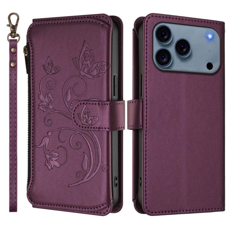 Butterfly Love Flower Multi-card Zipper Wallet Leather Phone Case, For iPhone 17 Pro Max, For iPhone 17 Pro, For iPhone 17