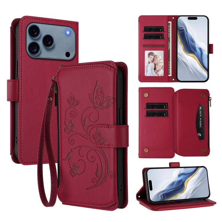 Butterfly Love Flower Multi-card Zipper Wallet Leather Phone Case, For iPhone 17 Pro Max, For iPhone 17 Pro, For iPhone 17