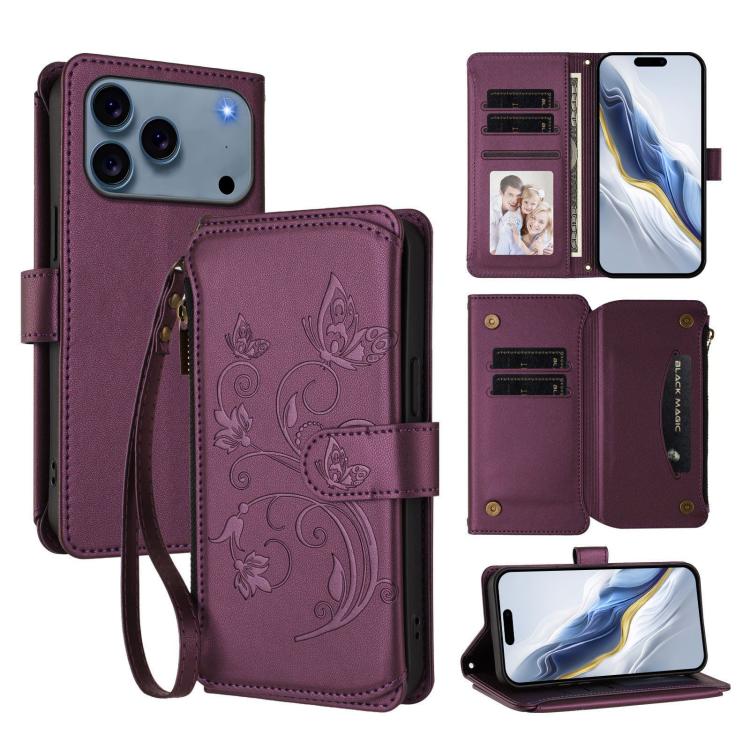 Butterfly Love Flower Multi-card Zipper Wallet Leather Phone Case, For iPhone 17 Pro Max, For iPhone 17 Pro, For iPhone 17