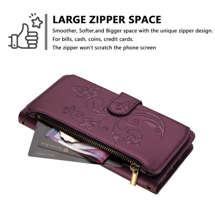 Butterfly Love Flower Multi-card Zipper Wallet Leather Phone Case, For iPhone 17 Pro Max, For iPhone 17 Pro, For iPhone 17