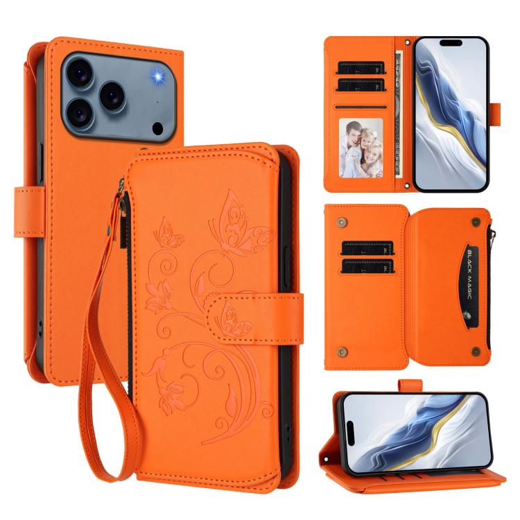 Butterfly Love Flower Multi-card Zipper Wallet Leather Phone Case, For iPhone 17 Pro Max, For iPhone 17 Pro, For iPhone 17
