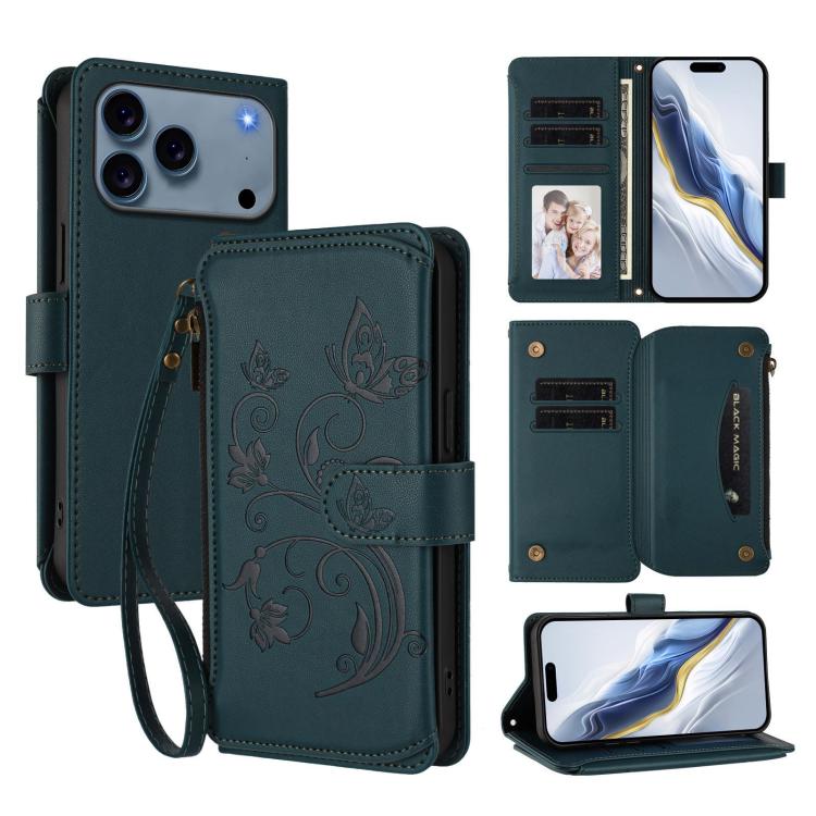 Butterfly Love Flower Multi-card Zipper Wallet Leather Phone Case, For iPhone 17 Pro Max, For iPhone 17 Pro, For iPhone 17