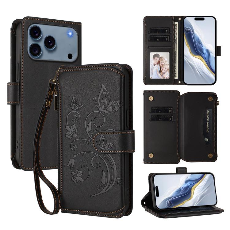 Butterfly Love Flower Multi-card Zipper Wallet Leather Phone Case, For iPhone 17 Pro Max, For iPhone 17 Pro, For iPhone 17