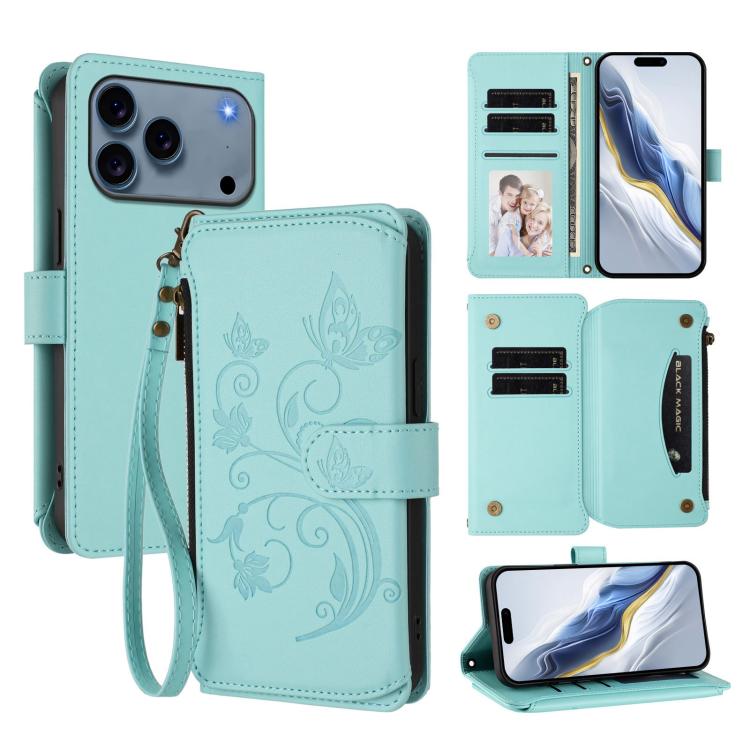 Butterfly Love Flower Multi-card Zipper Wallet Leather Phone Case, For iPhone 17 Pro Max, For iPhone 17 Pro, For iPhone 17