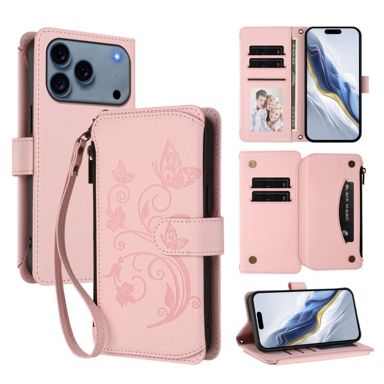 Butterfly Love Flower Multi-card Zipper Wallet Leather Phone Case, For iPhone 17 Pro Max, For iPhone 17 Pro, For iPhone 17