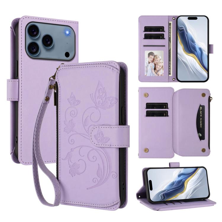 Butterfly Love Flower Multi-card Zipper Wallet Leather Phone Case, For iPhone 17 Pro Max, For iPhone 17 Pro, For iPhone 17
