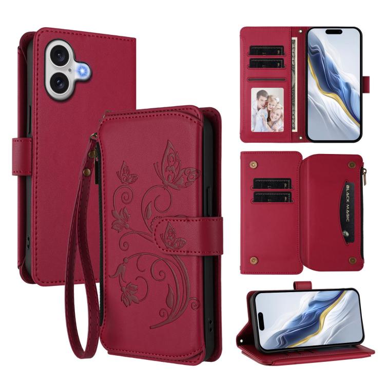 Butterfly Love Flower Multi-card Zipper Wallet Leather Phone Case, For iPhone 17 Pro Max, For iPhone 17 Pro, For iPhone 17