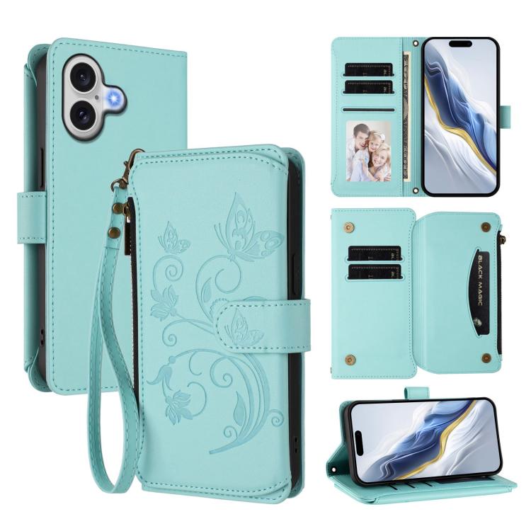 Butterfly Love Flower Multi-card Zipper Wallet Leather Phone Case, For iPhone 17 Pro Max, For iPhone 17 Pro, For iPhone 17