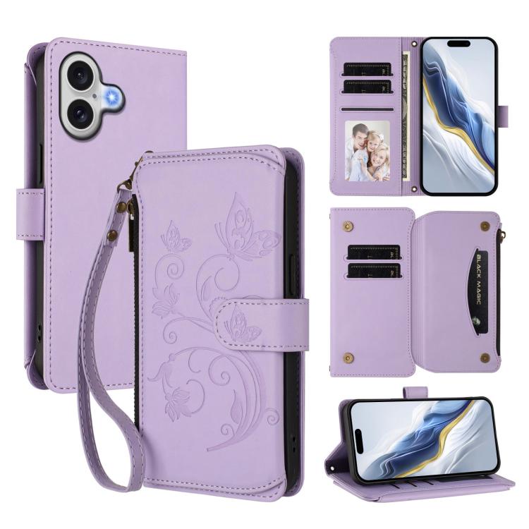 Butterfly Love Flower Multi-card Zipper Wallet Leather Phone Case, For iPhone 17 Pro Max, For iPhone 17 Pro, For iPhone 17