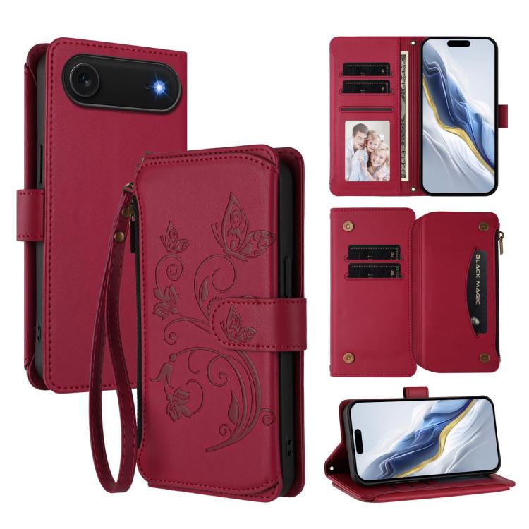 Butterfly Love Flower Multi-card Zipper Wallet Leather Phone Case, For iPhone 17 Air, For iPhone 16e, For iPhone 16 Pro Max