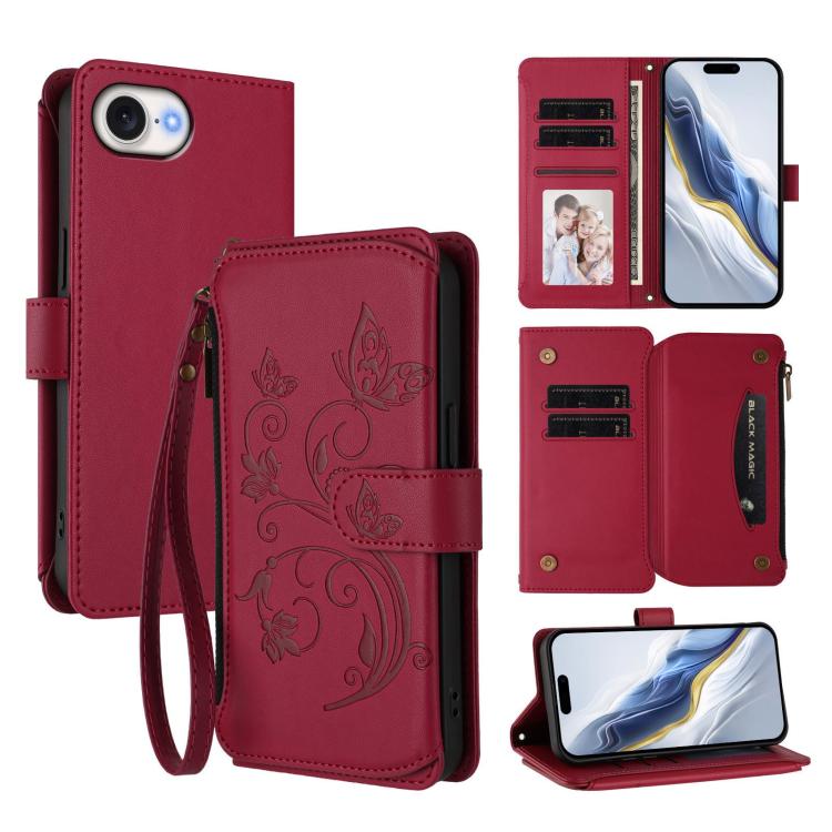 Butterfly Love Flower Multi-card Zipper Wallet Leather Phone Case, For iPhone 17 Air, For iPhone 16e, For iPhone 16 Pro Max