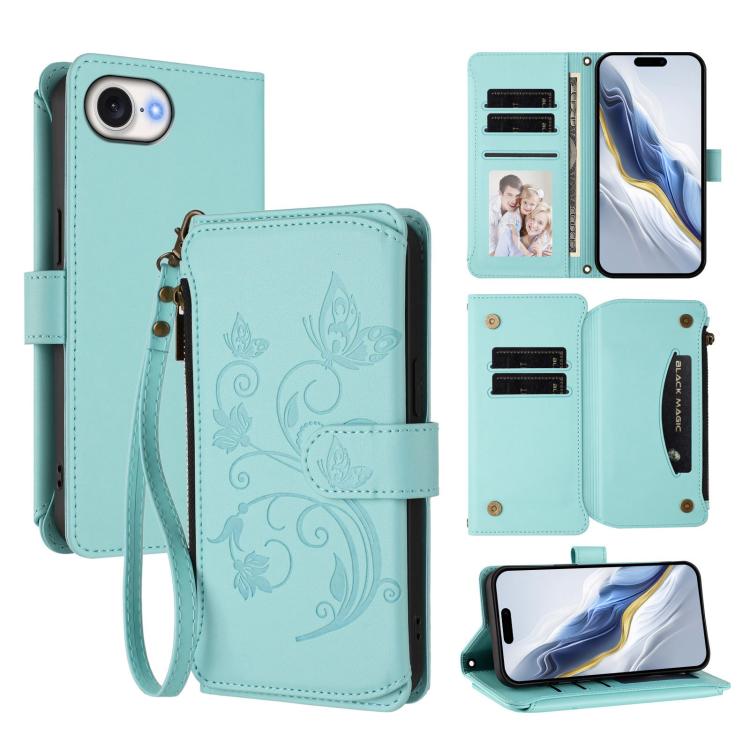 Butterfly Love Flower Multi-card Zipper Wallet Leather Phone Case, For iPhone 17 Air, For iPhone 16e, For iPhone 16 Pro Max
