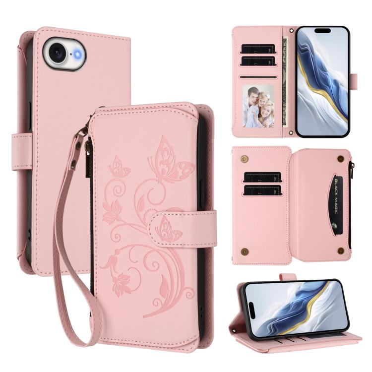 Butterfly Love Flower Multi-card Zipper Wallet Leather Phone Case, For iPhone 17 Air, For iPhone 16e, For iPhone 16 Pro Max