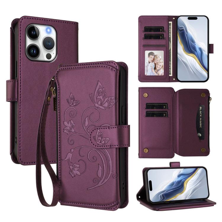 Butterfly Love Flower Multi-card Zipper Wallet Leather Phone Case, For iPhone 17 Air, For iPhone 16e, For iPhone 16 Pro Max