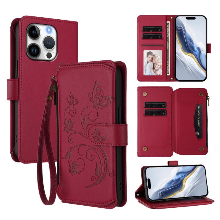 Butterfly Love Flower Multi-card Zipper Wallet Leather Phone Case, For iPhone 17 Air, For iPhone 16e, For iPhone 16 Pro Max