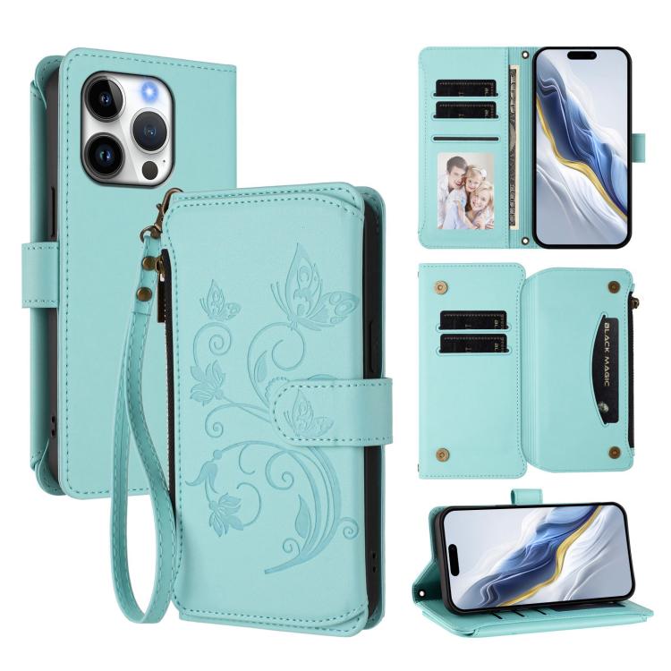 Butterfly Love Flower Multi-card Zipper Wallet Leather Phone Case, For iPhone 16 Pro, For iPhone 16 Plus, For iPhone 16