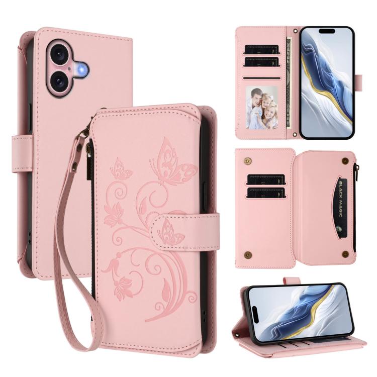 Butterfly Love Flower Multi-card Zipper Wallet Leather Phone Case, For iPhone 16 Pro, For iPhone 16 Plus, For iPhone 16