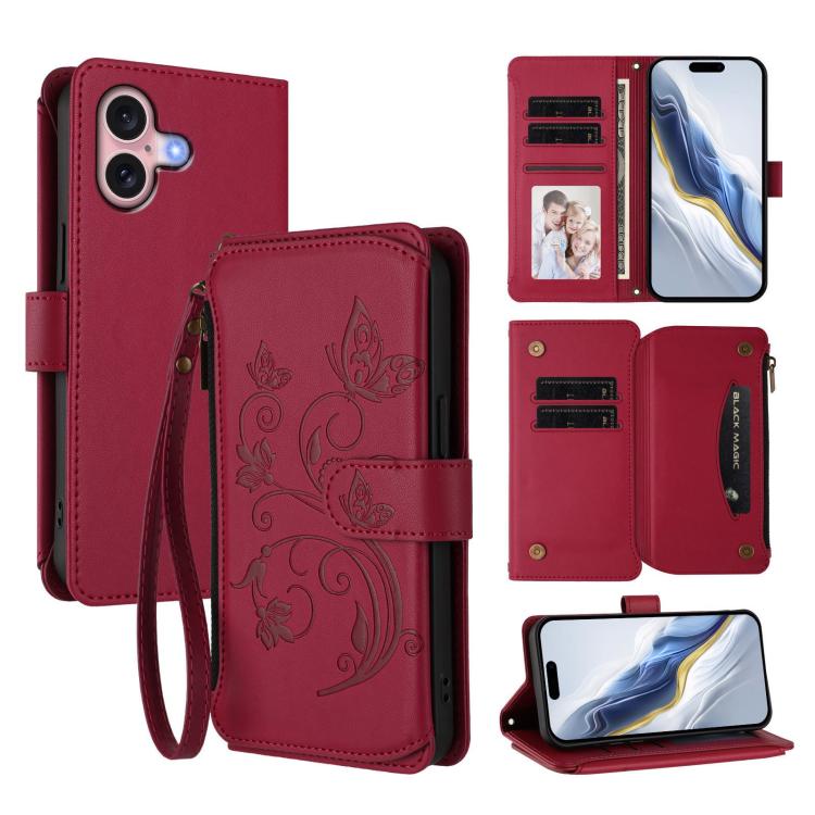 Butterfly Love Flower Multi-card Zipper Wallet Leather Phone Case, For iPhone 16 Pro, For iPhone 16 Plus, For iPhone 16