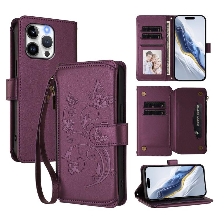 Butterfly Love Flower Multi-card Zipper Wallet Leather Phone Case, For iPhone 15 Pro Max, For iPhone 15 Pro, For iPhone 15 Plus