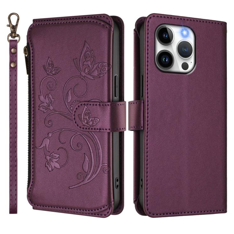 Butterfly Love Flower Multi-card Zipper Wallet Leather Phone Case, For iPhone 15 Pro Max, For iPhone 15 Pro, For iPhone 15 Plus