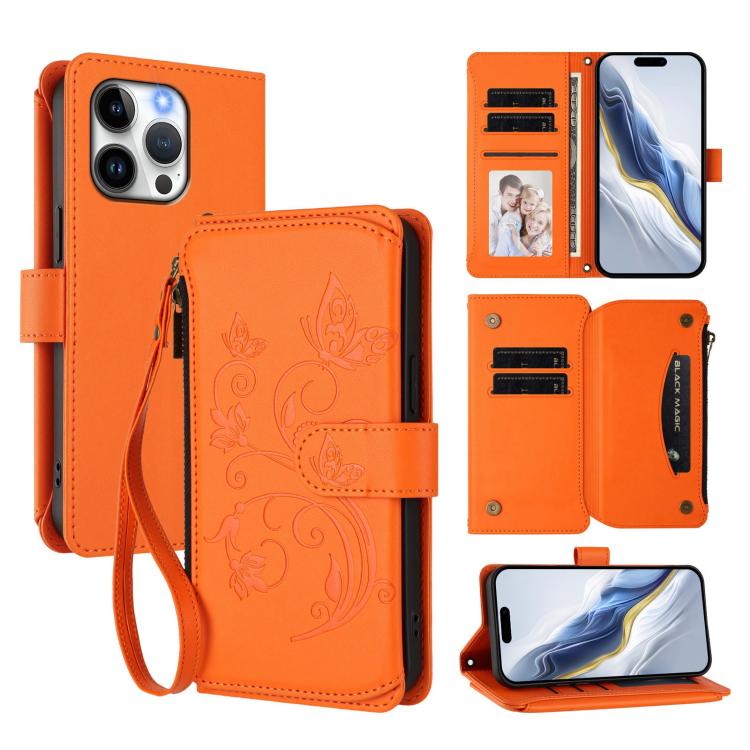 Butterfly Love Flower Multi-card Zipper Wallet Leather Phone Case, For iPhone 15 Pro Max, For iPhone 15 Pro, For iPhone 15 Plus