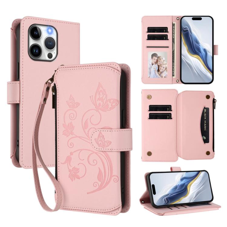 Butterfly Love Flower Multi-card Zipper Wallet Leather Phone Case, For iPhone 15 Pro Max, For iPhone 15 Pro, For iPhone 15 Plus