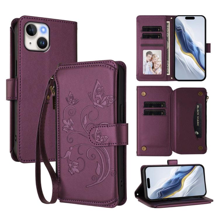 Butterfly Love Flower Multi-card Zipper Wallet Leather Phone Case, For iPhone 15 Pro Max, For iPhone 15 Pro, For iPhone 15 Plus