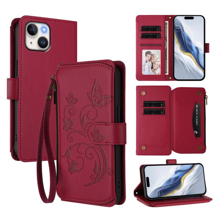 Butterfly Love Flower Multi-card Zipper Wallet Leather Phone Case, For iPhone 15 Pro Max, For iPhone 15 Pro, For iPhone 15 Plus