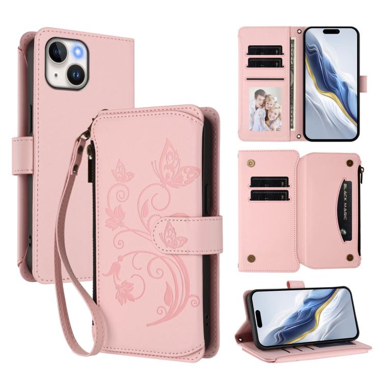 Butterfly Love Flower Multi-card Zipper Wallet Leather Phone Case, For iPhone 15 Pro Max, For iPhone 15 Pro, For iPhone 15 Plus