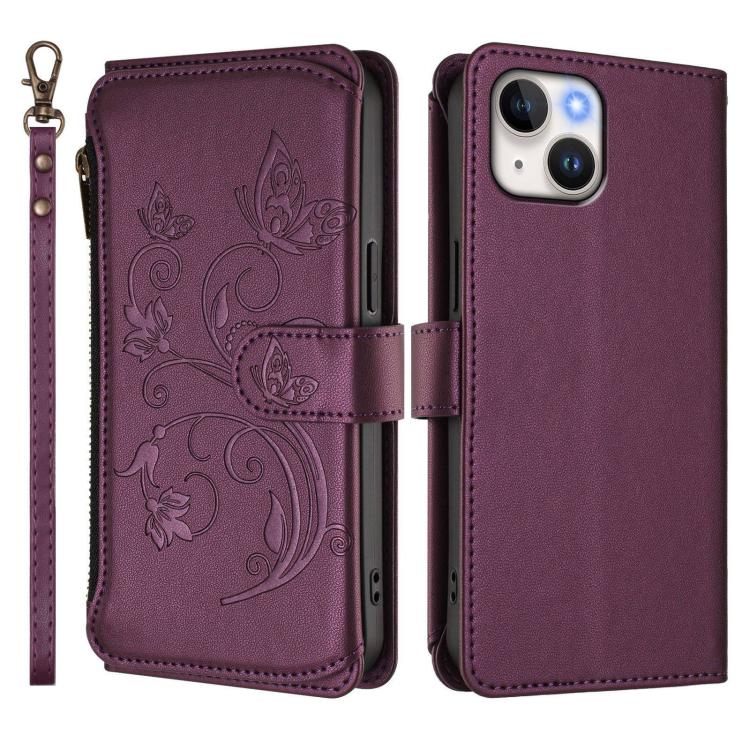 Butterfly Love Flower Multi-card Zipper Wallet Leather Phone Case, For iPhone 15, For iPhone 14 Plus, For iPhone 14 / 13