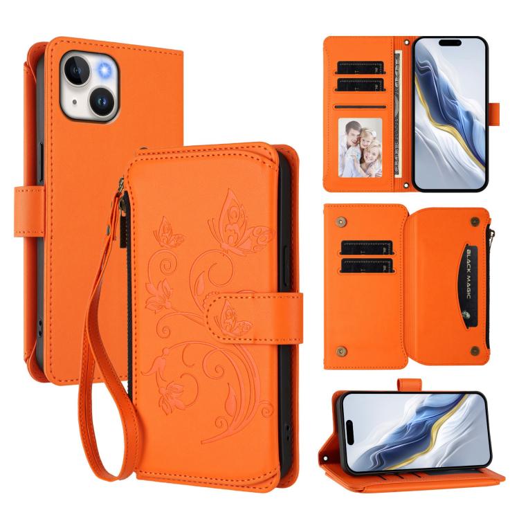 Butterfly Love Flower Multi-card Zipper Wallet Leather Phone Case, For iPhone 15, For iPhone 14 Plus, For iPhone 14 / 13
