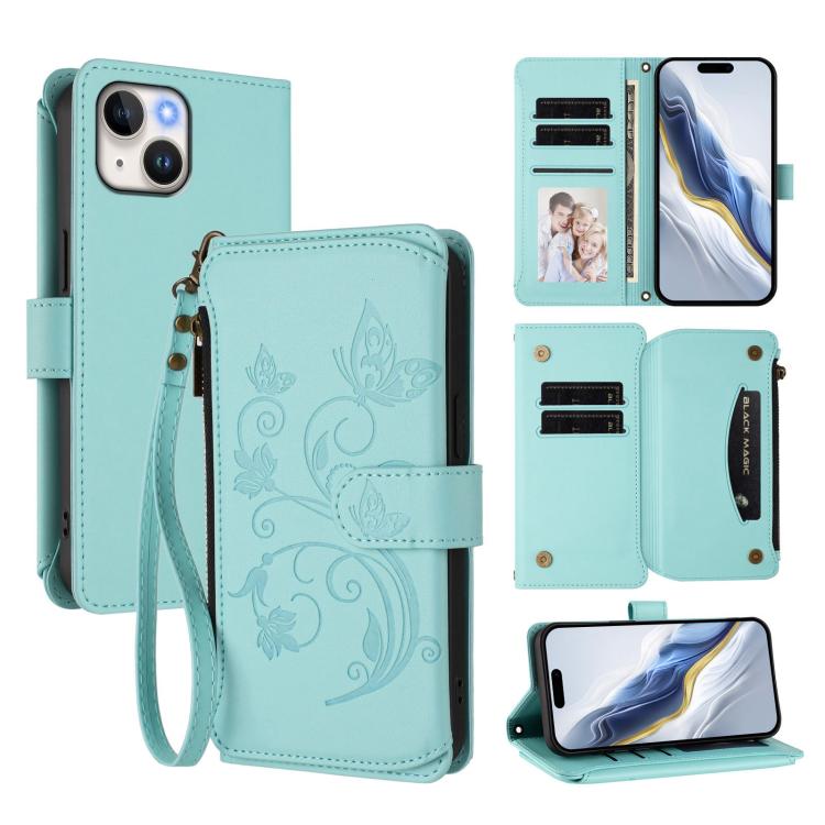 Butterfly Love Flower Multi-card Zipper Wallet Leather Phone Case, For iPhone 15, For iPhone 14 Plus, For iPhone 14 / 13