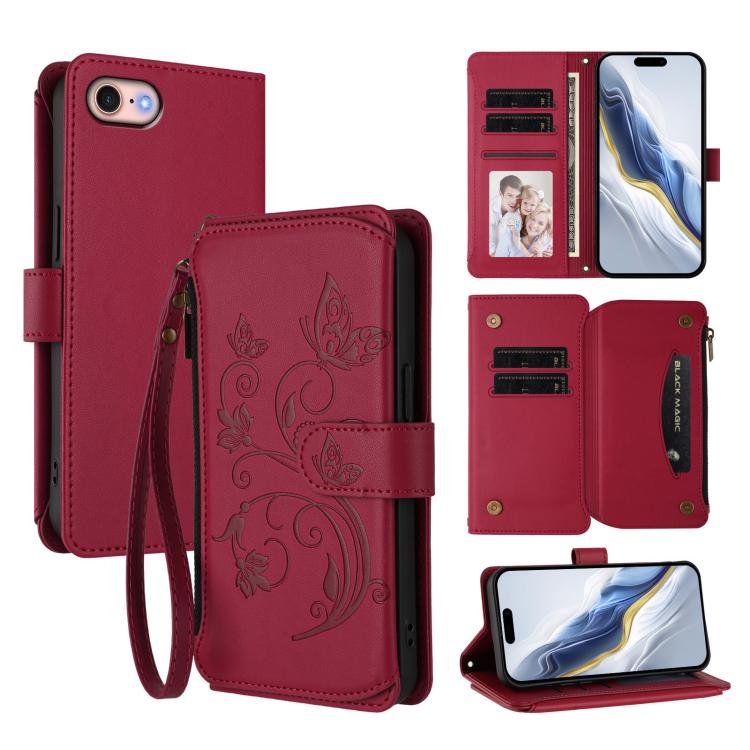 Butterfly Love Flower Multi-card Zipper Wallet Leather Phone Case, For iPhone 14 Pro, For iPhone 14 Pro Max, For iPhone 7 / 8 / SE 2022