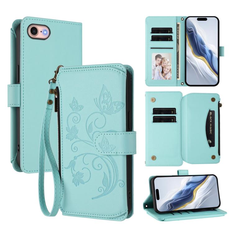 Butterfly Love Flower Multi-card Zipper Wallet Leather Phone Case, For iPhone 14 Pro, For iPhone 14 Pro Max, For iPhone 7 / 8 / SE 2022