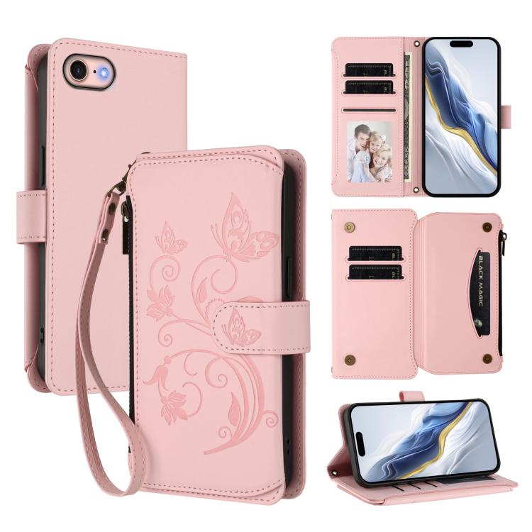 Butterfly Love Flower Multi-card Zipper Wallet Leather Phone Case, For iPhone 14 Pro, For iPhone 14 Pro Max, For iPhone 7 / 8 / SE 2022