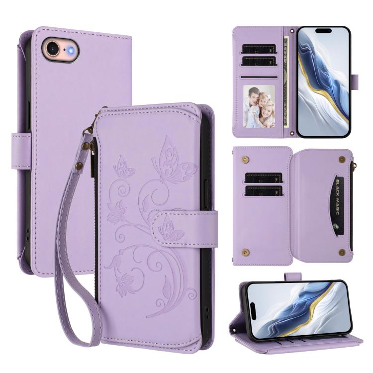 Butterfly Love Flower Multi-card Zipper Wallet Leather Phone Case, For iPhone 14 Pro, For iPhone 14 Pro Max, For iPhone 7 / 8 / SE 2022