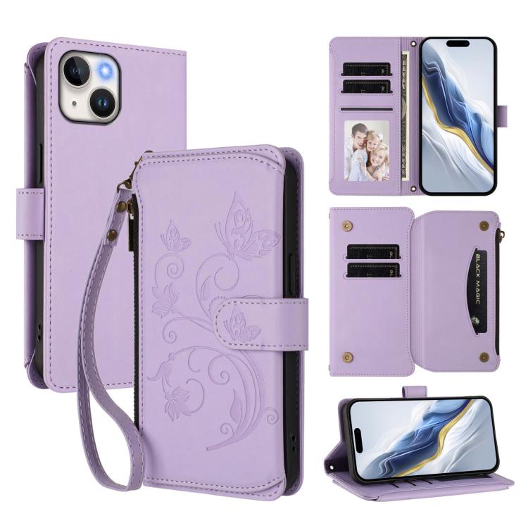 Butterfly Love Flower Multi-card Zipper Wallet Leather Phone Case, For iPhone 13 Pro Max, For iPhone 13 Pro, For iPhone 13 mini