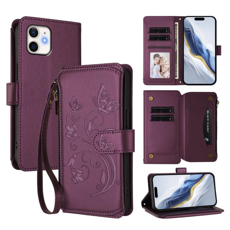 Butterfly Love Flower Multi-card Zipper Wallet Leather Phone Case, For iPhone 12 / 12 Pro, For iPhone 12 Pro Max, For iPhone 12 mini