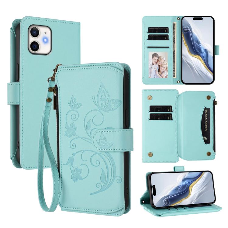 Butterfly Love Flower Multi-card Zipper Wallet Leather Phone Case, For iPhone 12 / 12 Pro, For iPhone 12 Pro Max, For iPhone 12 mini